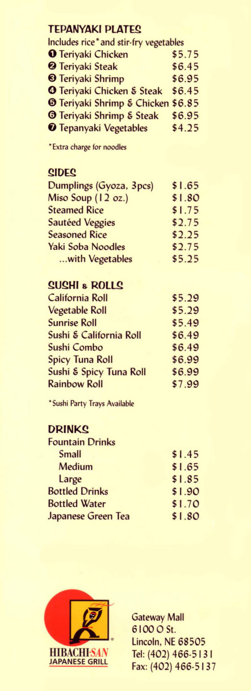 Hibachi-San Japanese Grill Menu - Lincoln Nebraska - Provided by Metro Dining Delivery