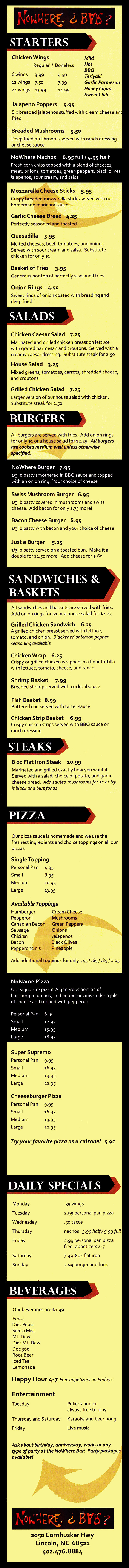 Nowhere Bar & Grill Menu - Lincoln Nebraska - Page 1